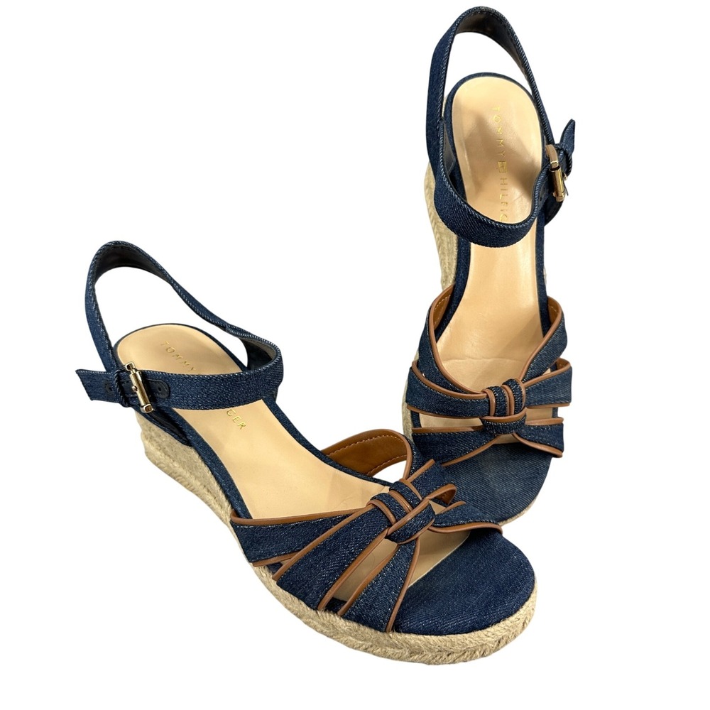 Tommy Hilfiger Gazeiy Denim Espadrille Wedge Sandals Faux Brown Leather 6.5